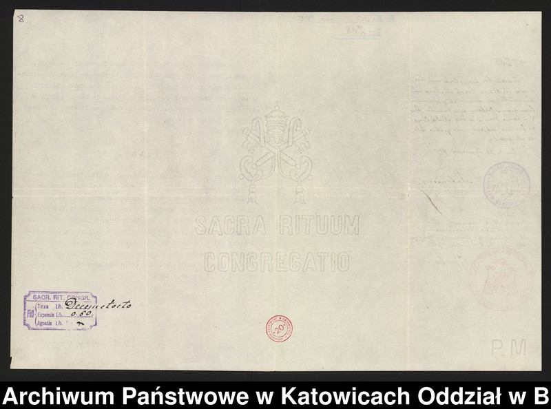 image.from.unit.number "[1. Korespondencja arcyksiężnej Marii Teresy Habsburg z władzami kościelnymi w sprawie uzyskania zezwolenia na odprawianie Mszy Świętej w kaplicy zamkowej 1905-1912, 2. Kopia fragmentu traktatu wiedeńskiego z 3 maja 1815 roku]"