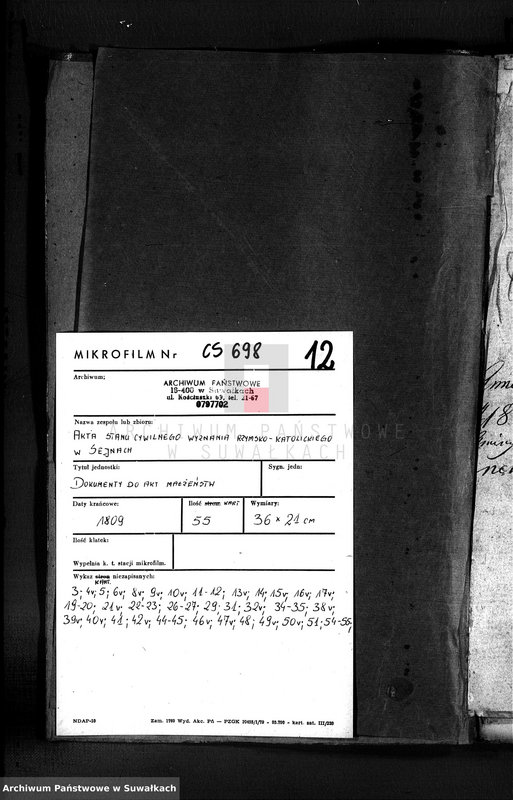 image.from.unit.number "Akta Stanu Cywilnego wyznania Rzymsko-Katolickiego w Sejach [Dokumenty do akt małżeństw]"