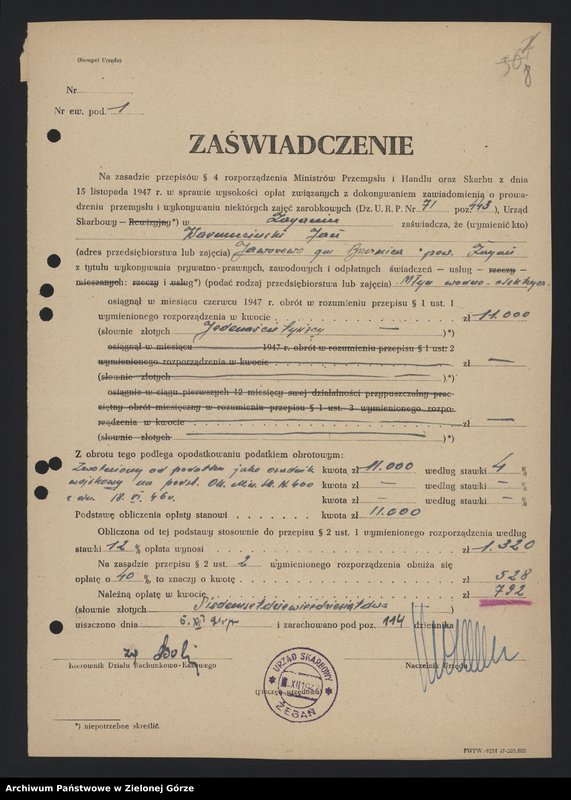 Obraz 10 z jednostki "Nłyn w Dolanowie - karta rzemieślnicza, karta rejestracyjna , opis techniczny, zawiadomienie o prowadzeniu działalności"