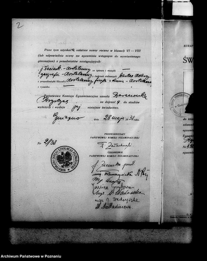Obraz 6 z jednostki "Miejskie Gimnazjum Żeńskie imienia Błogosławionej Jolanty- Gniezno- [w tym protokoły egzaminów dojrzałości i świadectwa dojrzałości z 1938 roku]"
