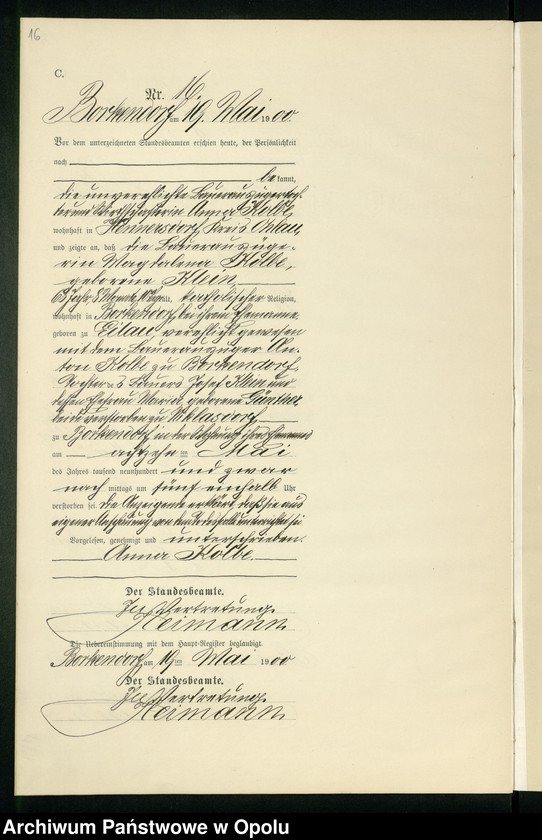 Obraz 20 z jednostki "Sterbe-Neben-Register des Standesamts Borkendorf pro 1900"