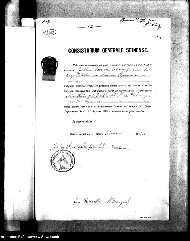 Obraz 18 z jednostki "Dokumenty k aktam brakosočetavšichsja Sejnskago Rimsko-Katoličeskago Prichoda za 1902 god."