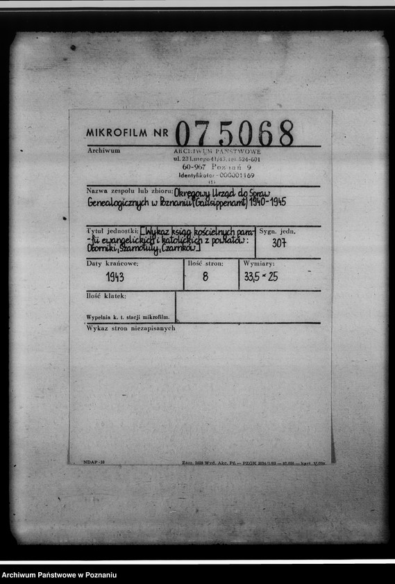 Obraz 2 z jednostki "[Wykaz ksiąg kościelnych parafii ewangelickich i katolickich z powiatów: Oborniki, Szmotuły, Czarnków]"