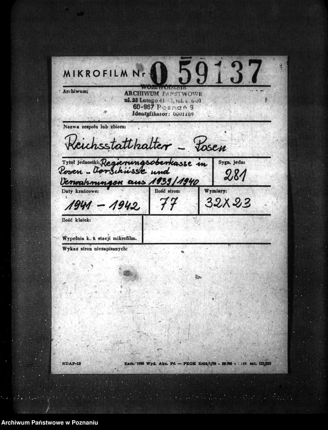 Obraz 2 z jednostki "Reguerungsoberkasse in Posen- Vorschüsse und Verwahrungen aus 1939/ 1940"