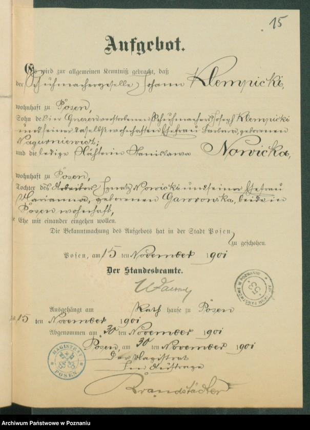 Obraz 17 z jednostki "[Dokumenty dostarczone przez narzeczonych do zawarcia związku małżeńskiego za 1901 rok. Tom XIX]"