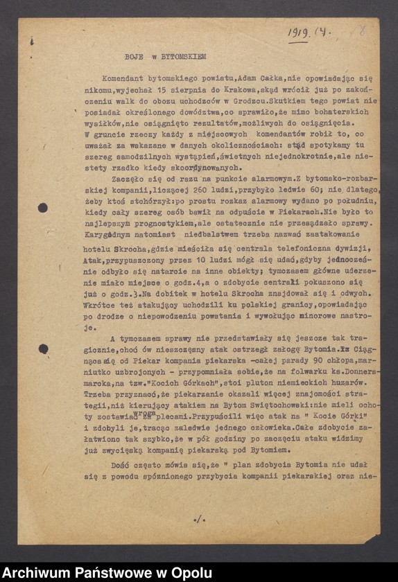 Obraz 10 z jednostki "[Wyglenda Jan "Geneza Pierwszego Powstania," "Boje Bytomskie", "Powstanie w obwodzie przemysłowym" oraz "Bój w pszczyńskich lasach"]"