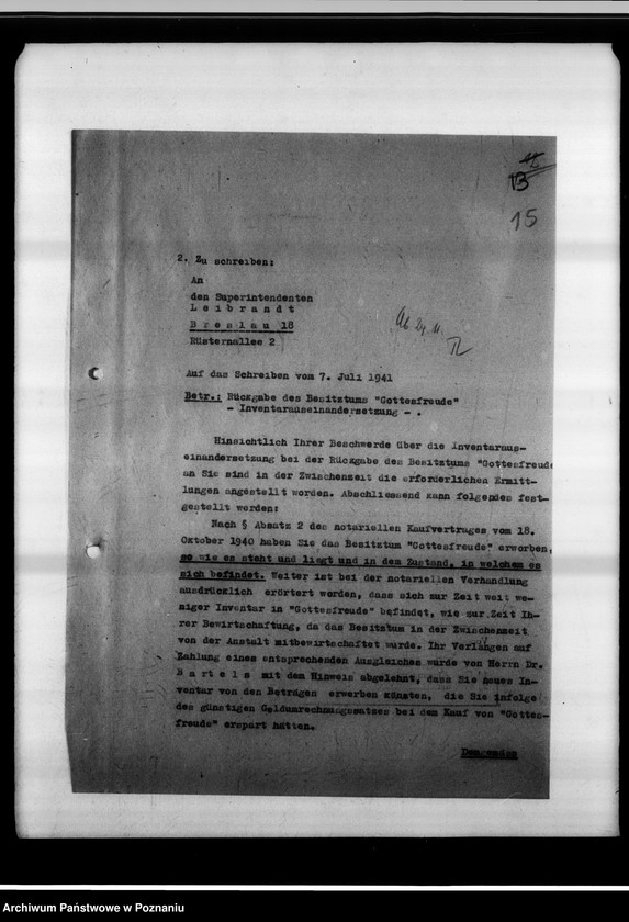 Obraz 19 z jednostki "Rückgabe des Besitztums "Gottesfreude" in Schmäkert an den Superintendenten i.R. Leibrandt in Breslau."