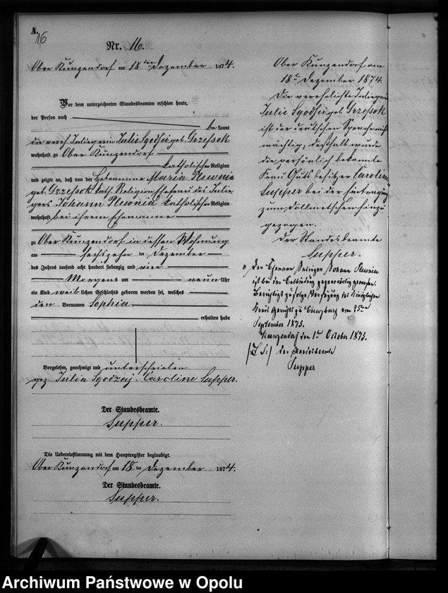 Obraz 19 z jednostki "Geburts-Neben-Register des Standesamtes Kunzendorf 1874"