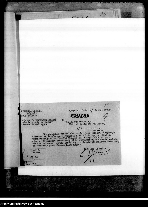 Obraz 19 z jednostki "Zarządzenia i okólniki. Korespondencja dotycząca spraw organizacyjnych i personalnych członków Stronnictwa - powiadomienia o odprawach, zebraniach, zmiany osobowe itp.."