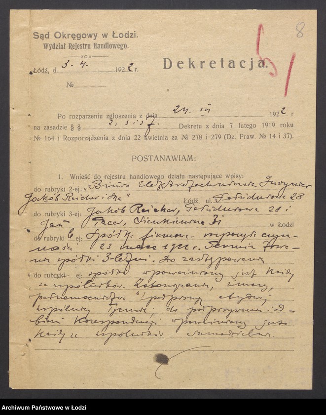 Obraz 10 z jednostki "Inż. Jakób Reicher i S-ka- Biuro Elektrotechniczne"