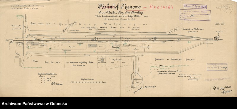 image.from.unit.number "Eisenbahndirektionsbezirk Bromberg. Bahnstrecke: Nakel - Konitz. Bahnhof Runowo. Kreis Wrsit. Reg. Bez. Bromberg. Mitte Empfangsgebäude km 28,29. Telegr. Abkürz. run. Zustand im Dezember 1912"