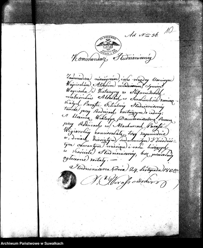 image.from.unit.number "Anneksa do Akt Zaślubionych Parafii Wigierskiey z Roku 1850-go."