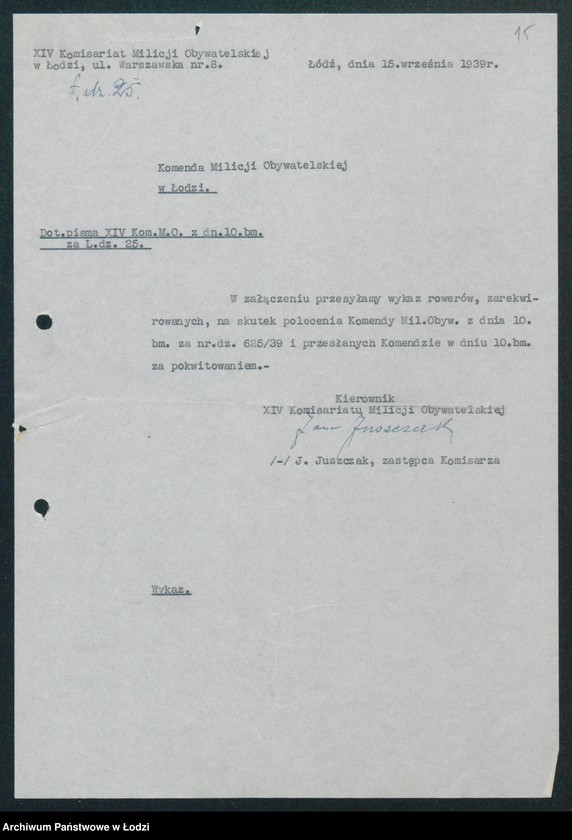 Obraz 17 z jednostki "[Akta XIV Komisariatu Milicji Obywatelskiej - pokwitowania oddanej broni, spisy wolnych lokali, rowerów i motocykli]"