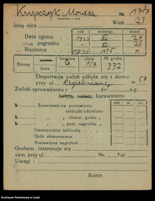 Obraz 2 z jednostki "Kartoteka osób pochowanych na cmentarzu żydowskim przy ulicy Brackiej w latach 1892-1956. Nazwiska na litery: Kup-Kz"