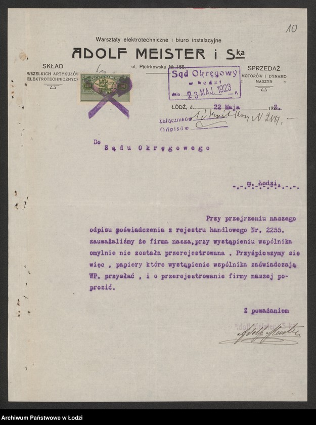 Obraz 12 z jednostki "Adolf Meister i S-ka- warsztaty elektrotechniczne i biuro instalacyjne"