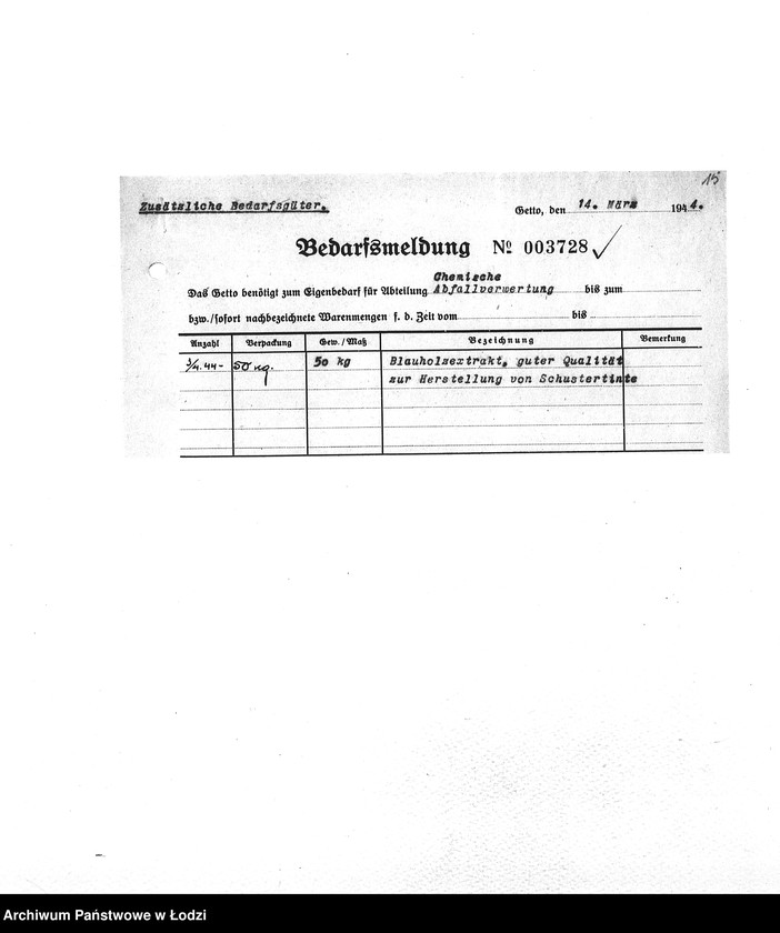 Obraz 18 z jednostki "Bedarfsmeldungen [Skierowane do GV zapotrzebowania na surowce, materiały, narzędzia, maszyny itp. potrzebne resortom pracy do produkcji; zamówienia żywności, lekarstw]"