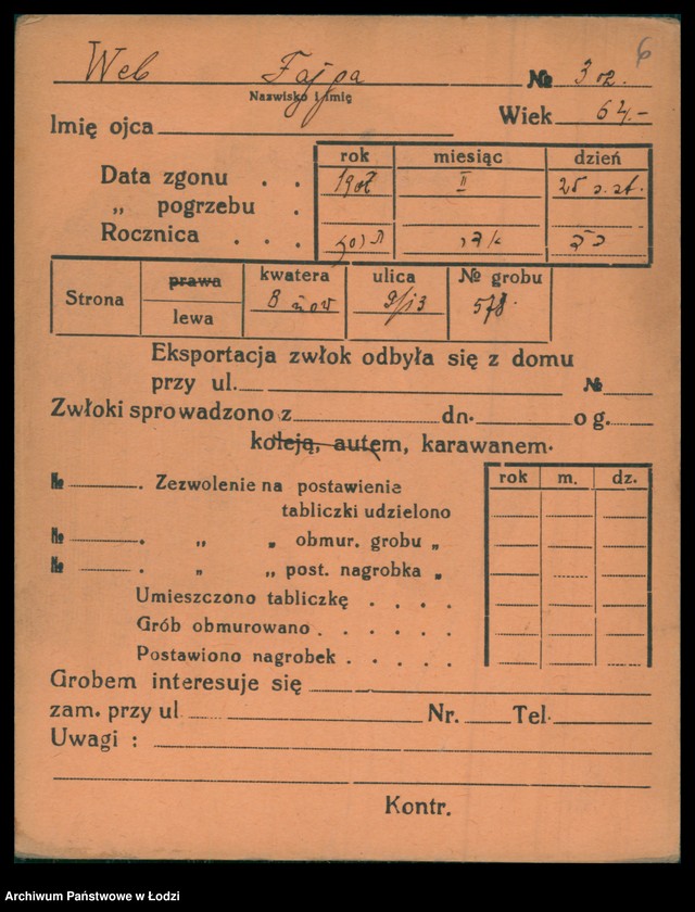 Obraz 7 z jednostki "Kartoteka osób pochowanych na cmentarzu żydowskim przy ulicy Brackiej w latach 1892-1957. Nazwiska na litery: Wd-Wis"