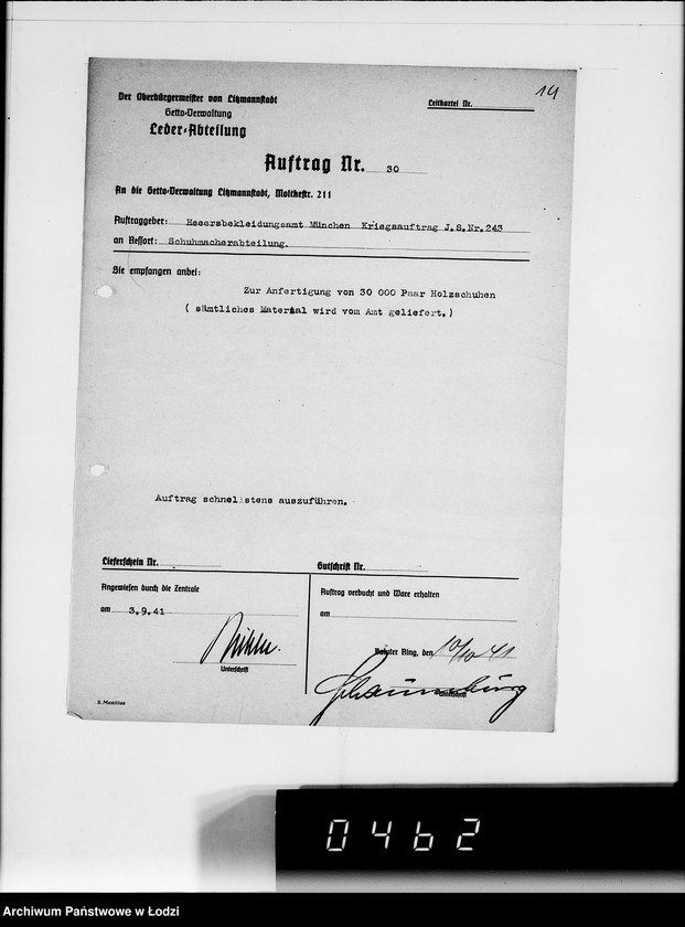 Obraz 18 z jednostki "Kriegsauftrag J.S.243 Holzschuhe [dla Heeresbekleidungsamt München] 85"