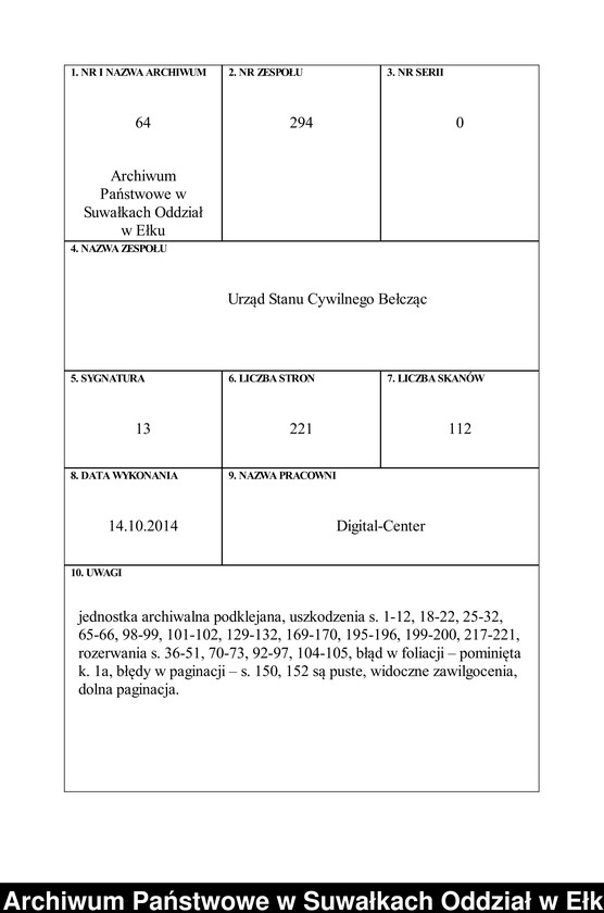 image.from.unit.number "[Geburts-Haupt-Register des Königlichen Preussischen Standes-Amtes Belzonzen Kreis Johannisburg]"
