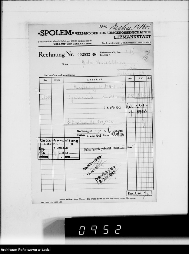 Obraz 11 z jednostki ""Społem" Rechnungen [za dostawy towarów dla Getta]"