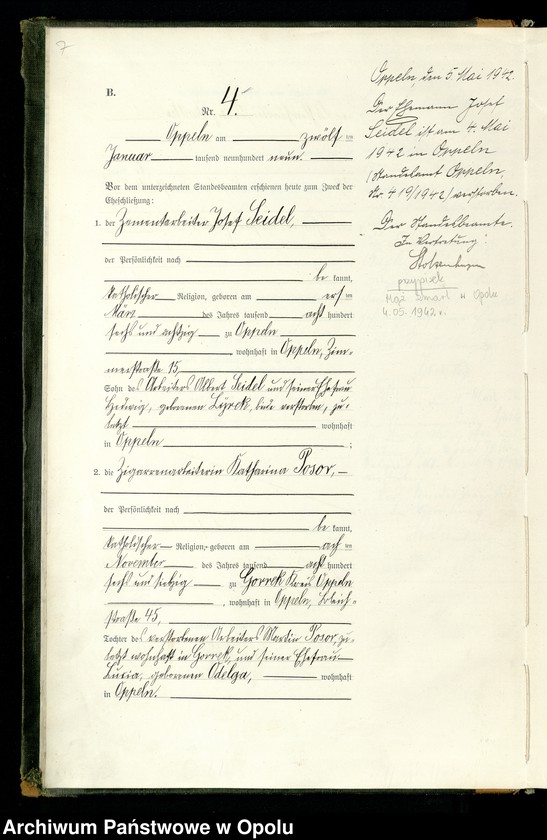 Obraz 10 z jednostki "Rejestr Malżeństw pierwopis 1909 [Opole] 1-173"