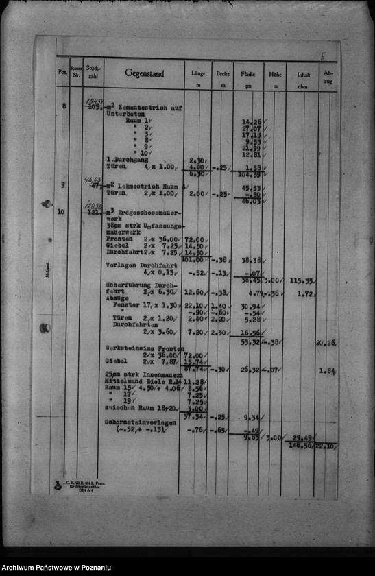 Obraz 9 z jednostki "Dienstwohngebäude - Reichsstatthalter Posen. Wirtschaftsgebäude 1 - 4 (nad jeziorem Góreckim) Massenberechnung"