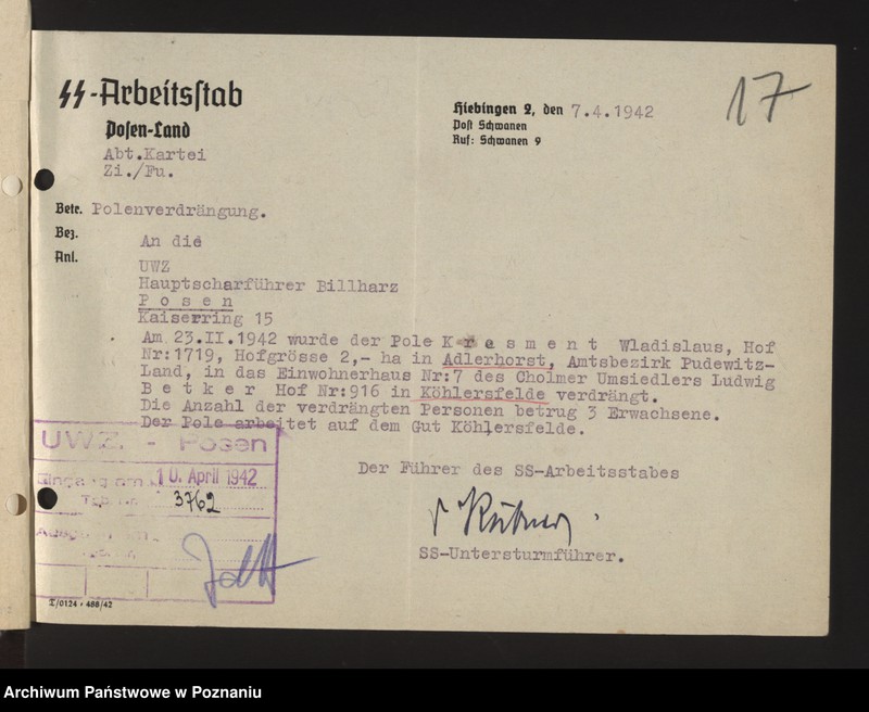 Obraz 20 z jednostki "Umsiedlungsmeldungen der SS - Arbeitsstäbe - Kreis Posen - Land [Powiat - Poznań]"