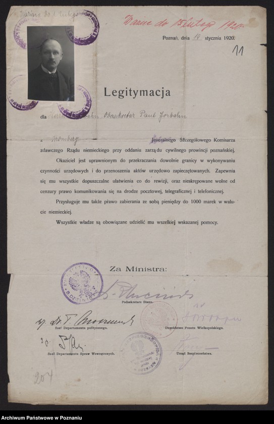 Obraz 13 z jednostki "[Egzemplarz legitymacji wydanych przez polskie władze komisarzom niemieckim dla oddania zarządu cywilnego prowincji poznańskiej]"