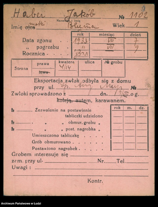 Obraz 10 z jednostki "Kartoteka osób pochowanych na cmentarzu żydowskim przy ulicy Brackiej w latach 1892-1961. Nazwiska na litery: Ha-Helme"