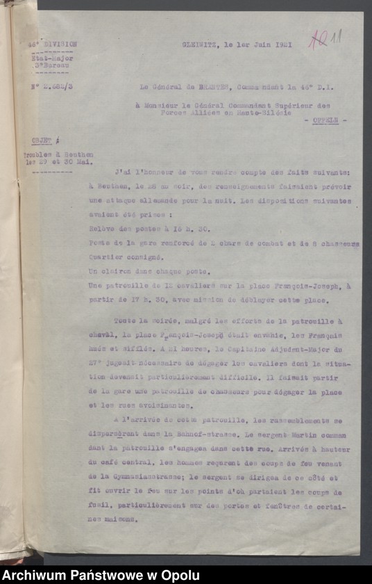 Obraz 13 z jednostki "Entrees-Pieces emanant des autorites Subordonnees-Evenements /Korespondencja od jednostek podległych w sprawie zdarzenia z miesiąca VI.1921/ 1-25.06.1921"