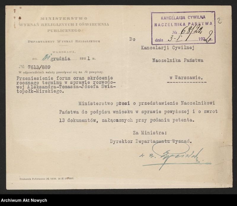 image.from.unit.number "Przeniesienie forum sądowego spraw rozwodowych do Sądów Konsystorskich Ewangelicko - Augsburskiego i Ewangelicko - Reformowanego oraz skrócenie rocznego terminu zapozwu w sprawach rozwodowych, rozpatrywanych przed najwyższymi sądami. Reskrypty Naczelnika Państwa, wnioski, korespondencja z Min. Wyznań Religijnych i Oświecenia Publicznego"