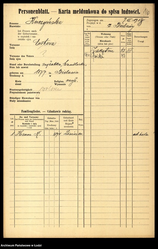 Obraz 18 z jednostki "[Spis ludności Łodzi] Kuczyńska - Kujawiński"