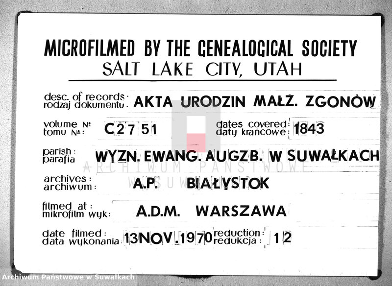 Obraz 1 z jednostki "Duplikat ksiąg metrycznych Parafij Ewangelickiey Suwałki za rok 1843."