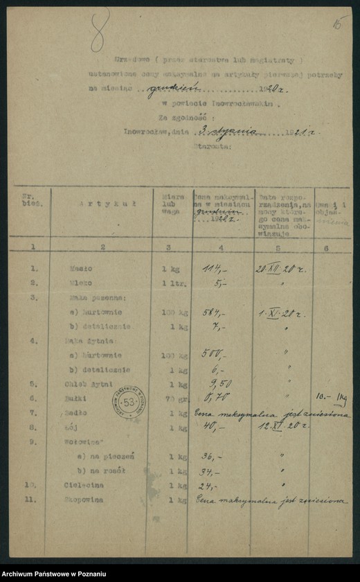 Obraz 17 z jednostki "[Wykazy urzędowo ustanowionych cen maksymalnych na artykuły pierwszej potrzeby na terenie Województwa Poznańskiego za miesiąc grudzień 1920 roku]"