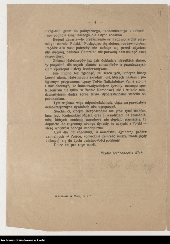 Obraz 4 z jednostki "[Ulotka Międzypartyjnego Koła Politycznego o postawie państw centralnych wobec sprawy polskiej]"