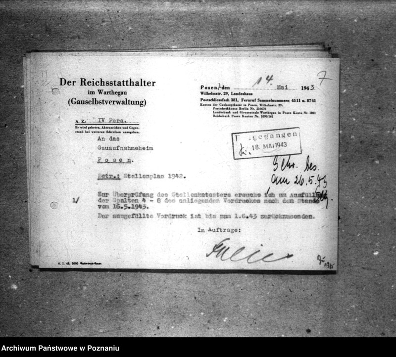 Obraz 11 z jednostki "Schriftwechsel mit der Gauselbsverwaltung vom 1 IV 1943 bis 31 III 1944. [Korespondencja w sprawach finansowych]."