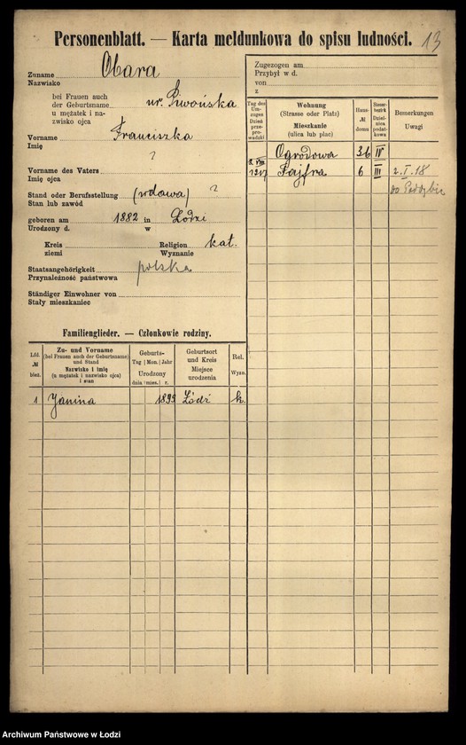 Obraz 15 z jednostki "[Spis ludności Łodzi] Obalska-Ochocki"