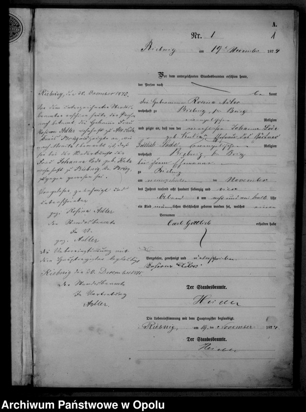 Obraz z jednostki "[Urząd Stanu Cywilnego w Rybnej. Księga urodzeń za rok 1874]"