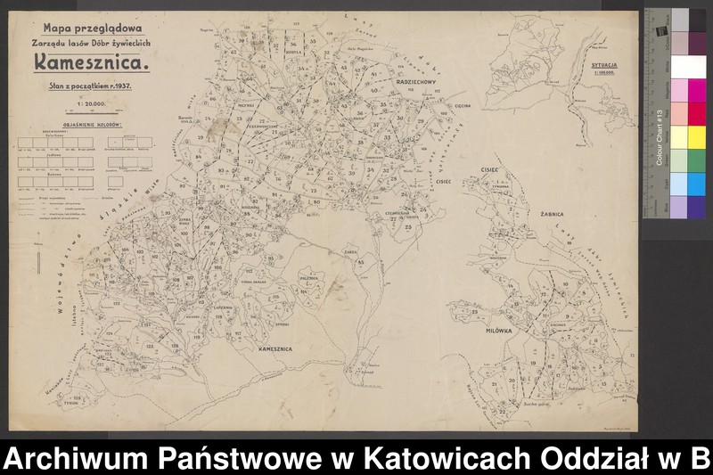image.from.unit.number "Mapa przeglądowa Zarządu Lasów dóbr żywieckich Kamesznica stan na pocz. 1937 r. (załączony plan sytuacyjny 1:100 000)"