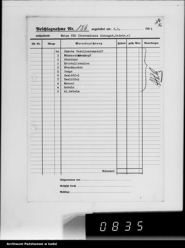 Obraz 20 z jednostki "Kripo.Unterlagen 1-199 [Kartoteka skonfiskowanego majątku ruchomego u Żydów]"