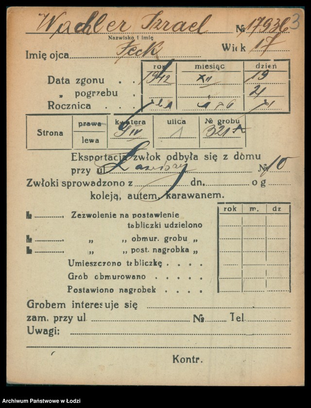 Obraz 4 z jednostki "Kartoteka osób pochowanych na cmentarzu żydowskim przy ulicy Brackiej w latach 1892-1953. Nazwiska na litery: Wac-Wajng"