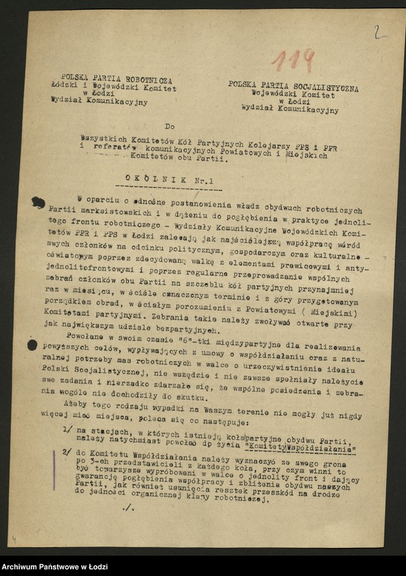Obraz 3 z jednostki "Protokół z posiedzenia Oddziału Komunikacyjnego WK PPS i Wydziału Komunikacyjnego KW PPR. Okólnik międzypartyjne."