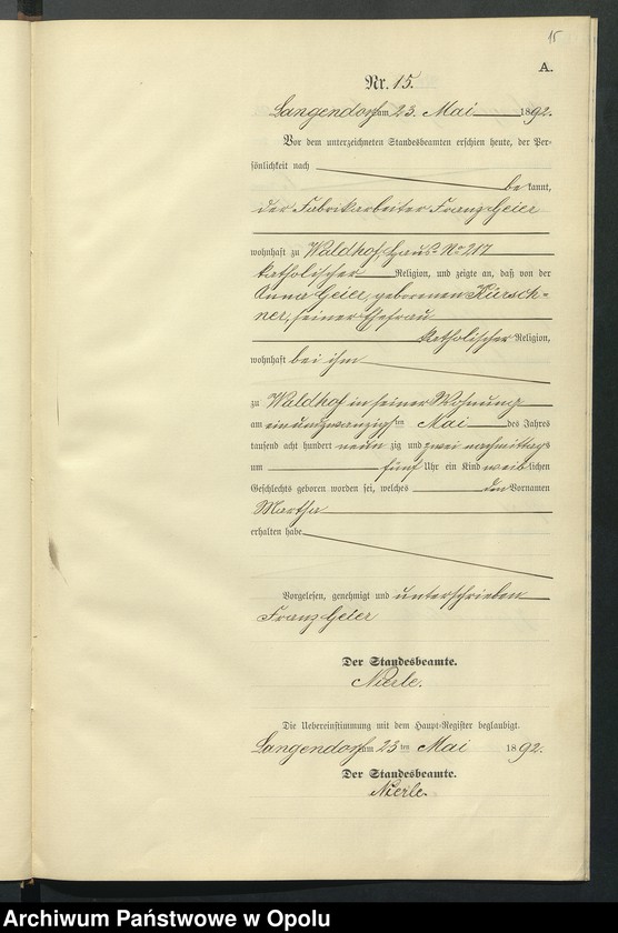 Obraz 19 z jednostki "Geburts-Neben-Register des Standesamts Langendorf pro 1892"