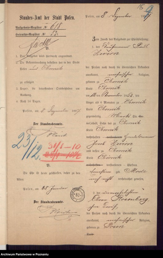 Obraz 17 z jednostki "Die von den Verlobten beigebrachten Urkunden zur Eheschliessung pro 1898"