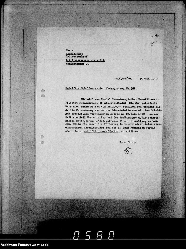 Obraz 9 z jednostki "J.361-375 [Wnioski Żydów z Getta o zwrot należności za pracę lub towar wzięty na kredyt]"