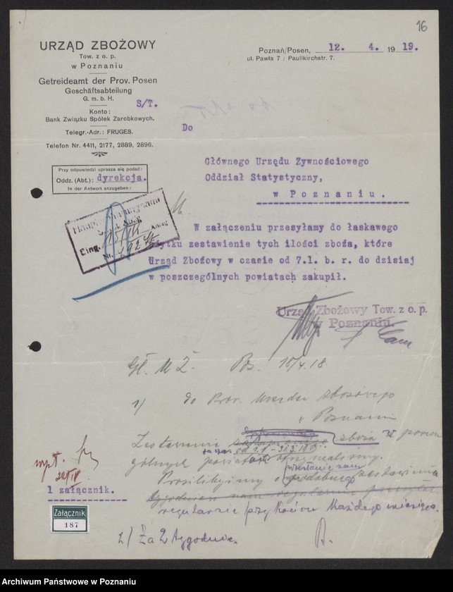 Obraz 18 z jednostki "[Sprawozdania Urzędu Zbożowego w Poznaniu dla Departamentu Aprowizacji byłej Dzielnicy Pruskiej]"