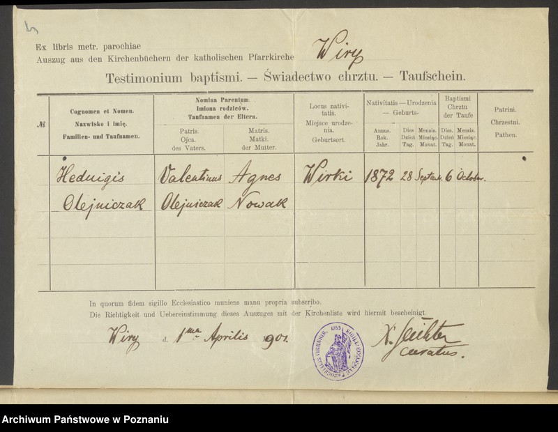 Obraz 7 z jednostki "Die von den Verlobten beigebrachten Urkunden zur Eheschliessung pro 1901. Vol VI"