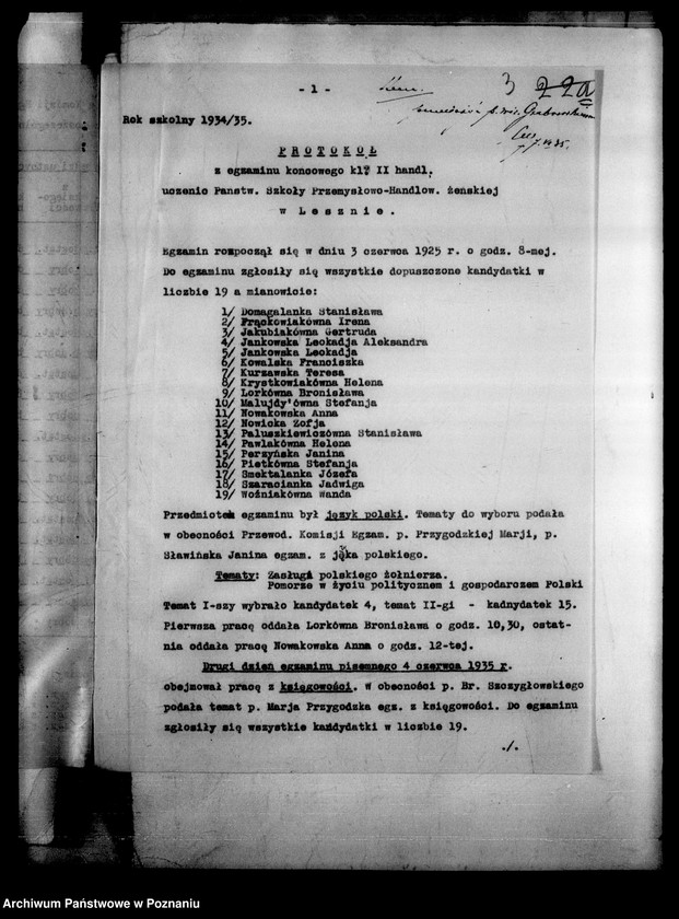 Obraz 8 z jednostki "Państwowa Szkoła Przemysłowo Handlowa Żeńska- Leszno [protokół z egzaminu końcowego]"