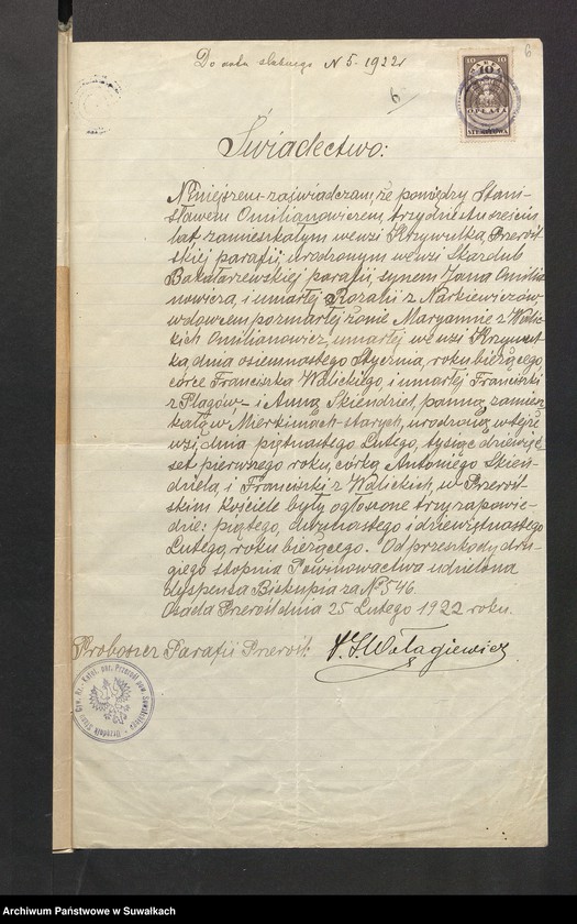 image.from.unit.number "Dokumenta so aktów ślubnych parafji Smolnickiej za 1922 rok"