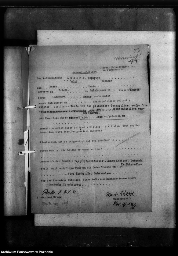 Obraz 19 z jednostki "Kreis Scharnikau (Czarnków). Wykazy miejscowych Niemców, którzy zginęli w 1939 roku - korespondencja"